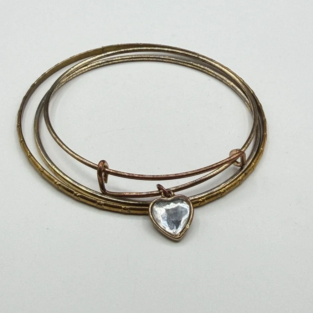 Mixed Metal Bangle Bracelet Set Clear Faceted Heart Charm Stackable Jewelry